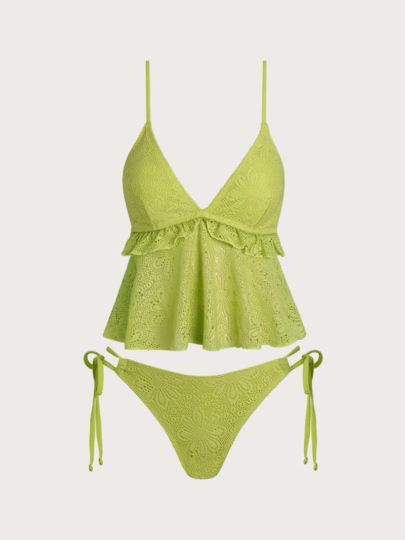Green V-Neck Ruffle Tankini Set