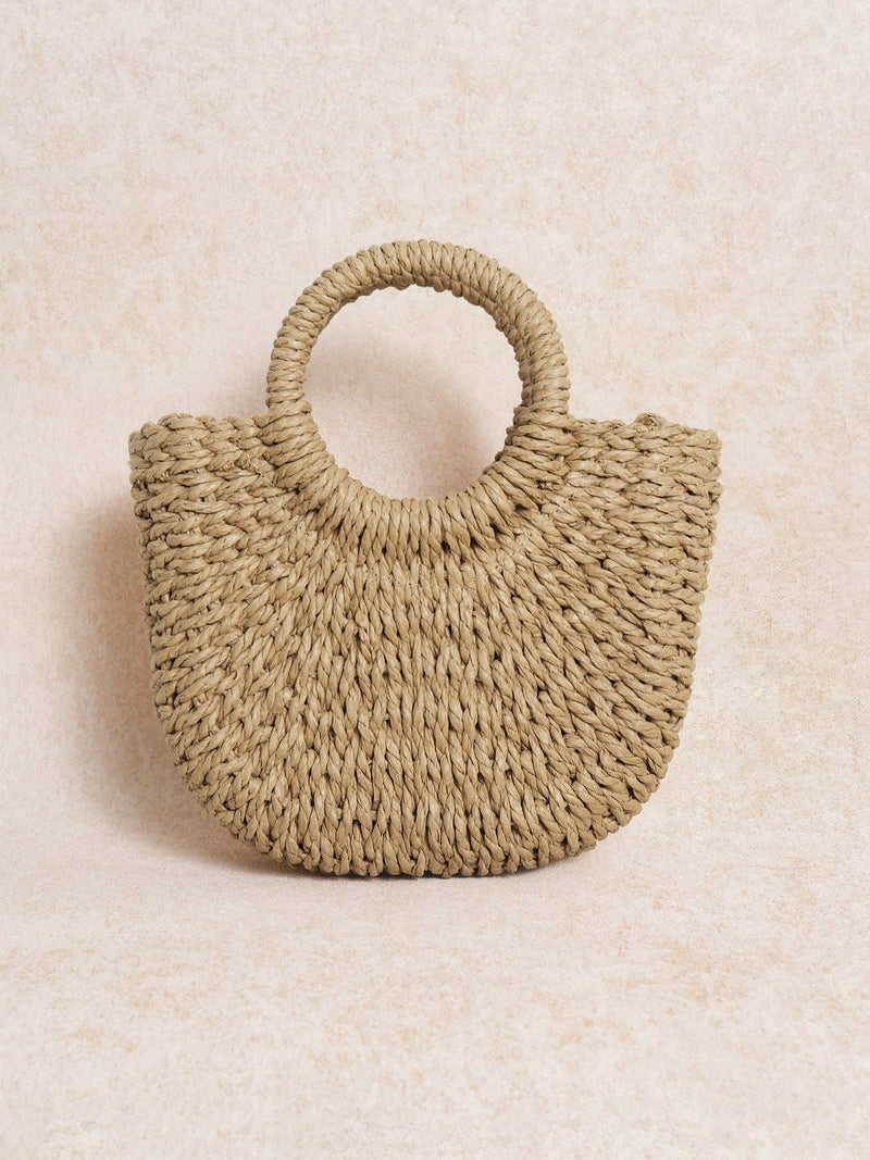 Brown Solid-Color Half-Moon Woven Handbag