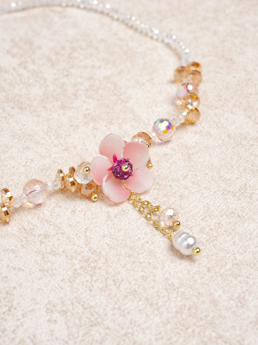 Pink Diamond Flower Imitation Pearl Crystal Necklace