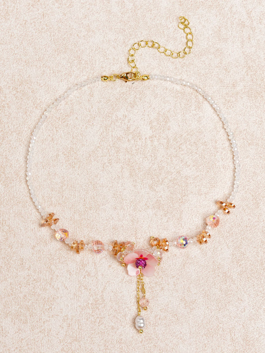 Pink Diamond Flower Imitation Pearl Crystal Necklace