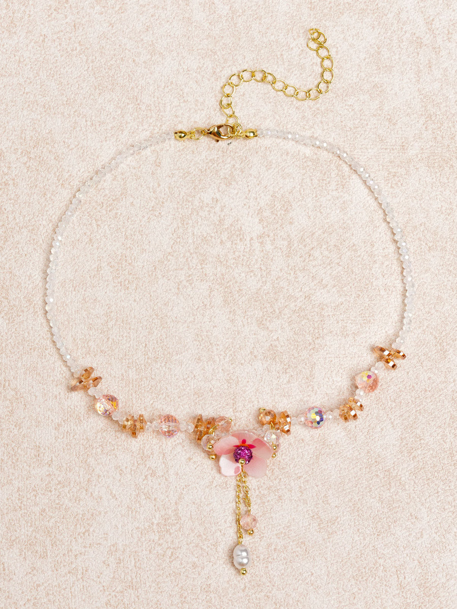 Pink Diamond Flower Imitation Pearl Crystal Necklace