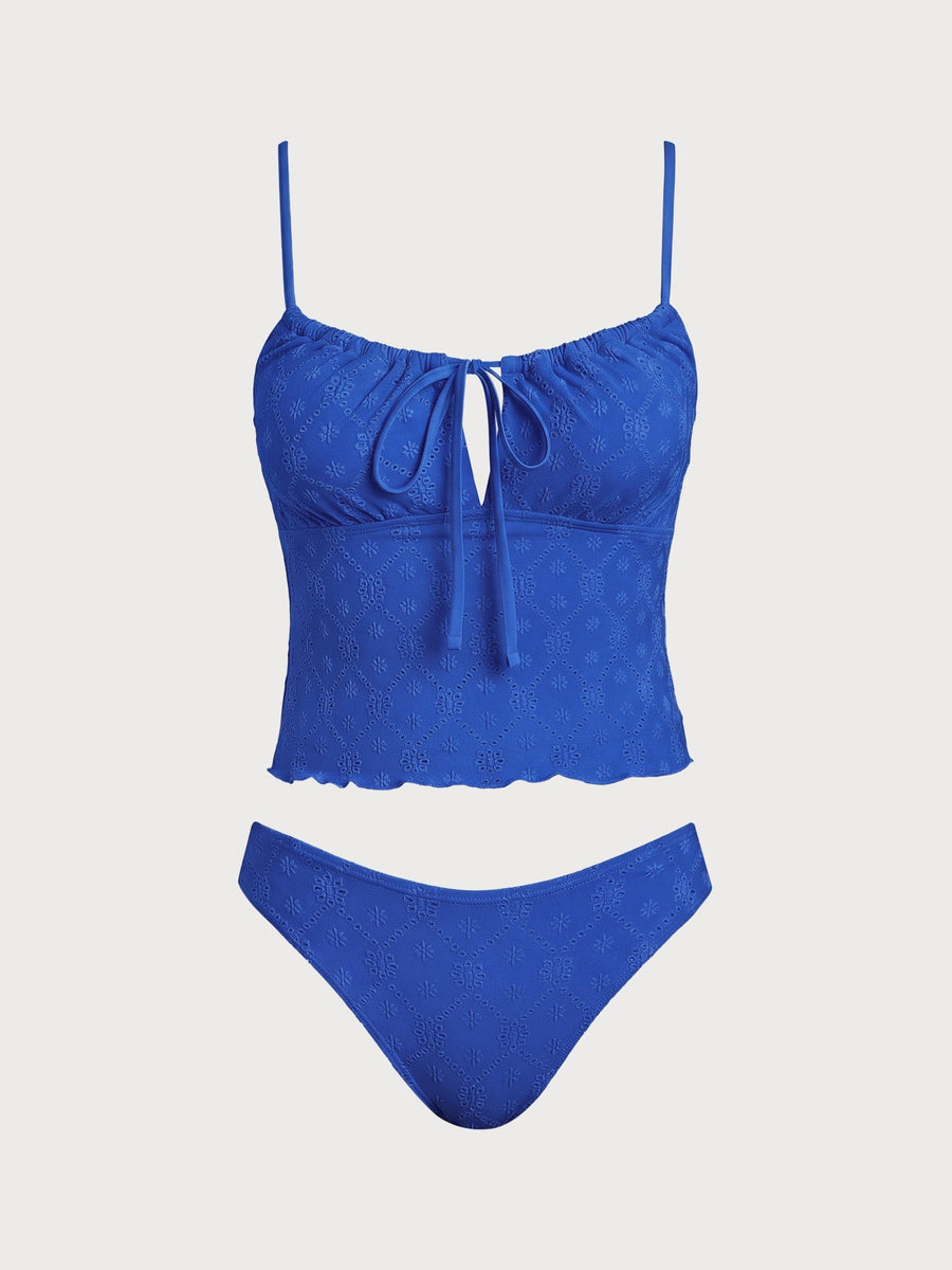 Blue Wave Cut Tie Front Tankini Set