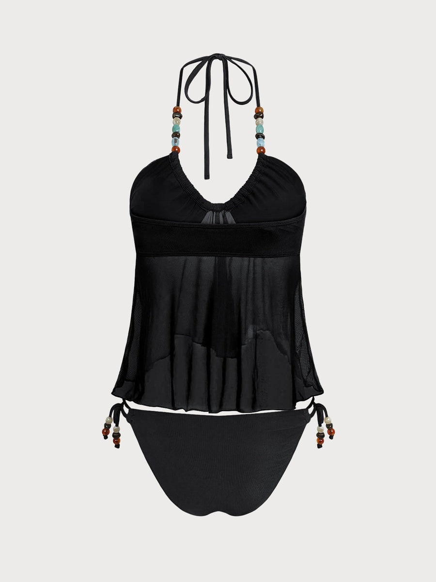 Black Irregular Hem Contrast Beaded Tankini Set