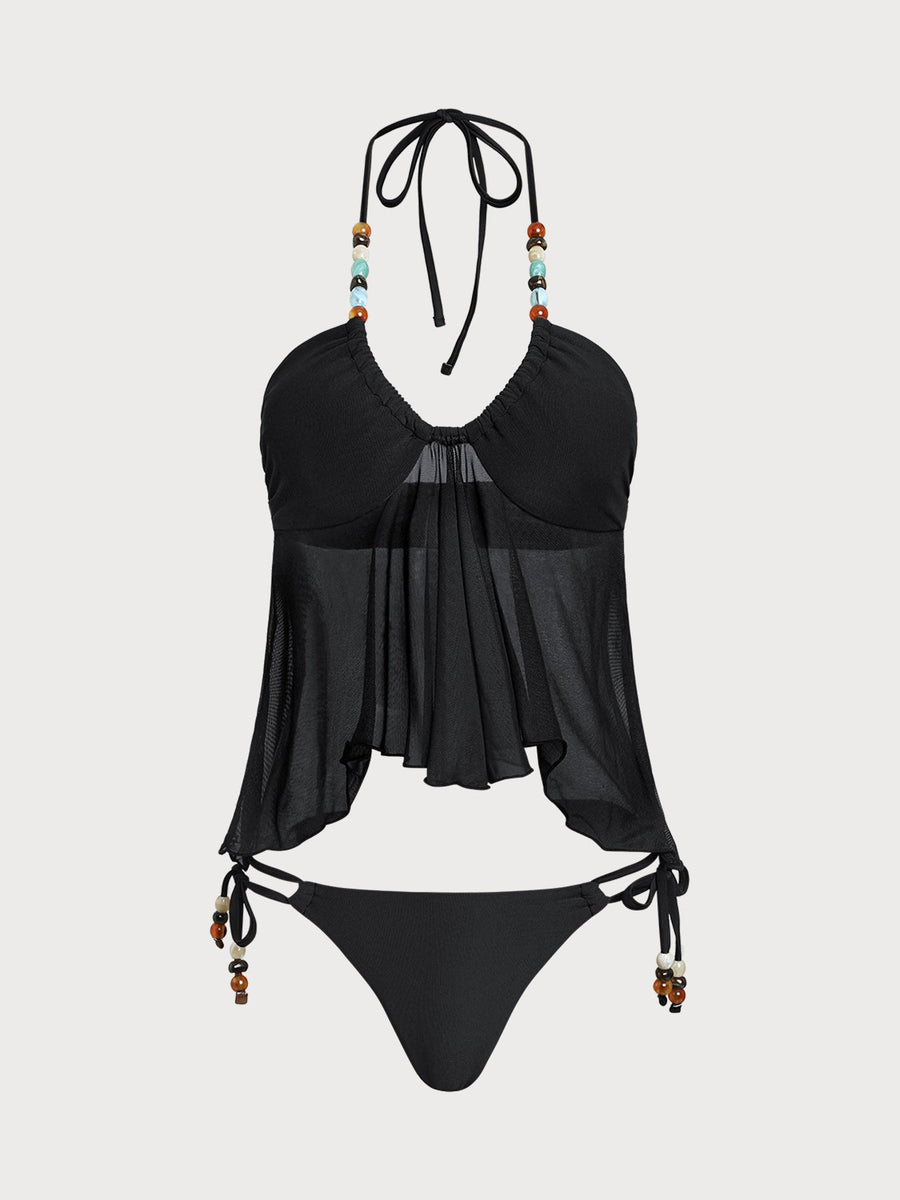 Black Irregular Hem Contrast Beaded Tankini Set
