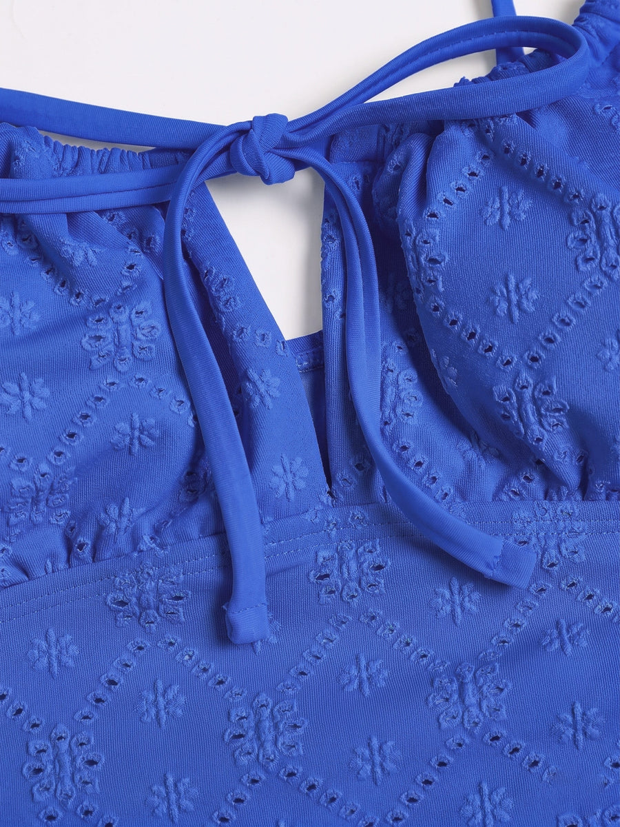 Blue Wave Cut Tie Front Tankini Set