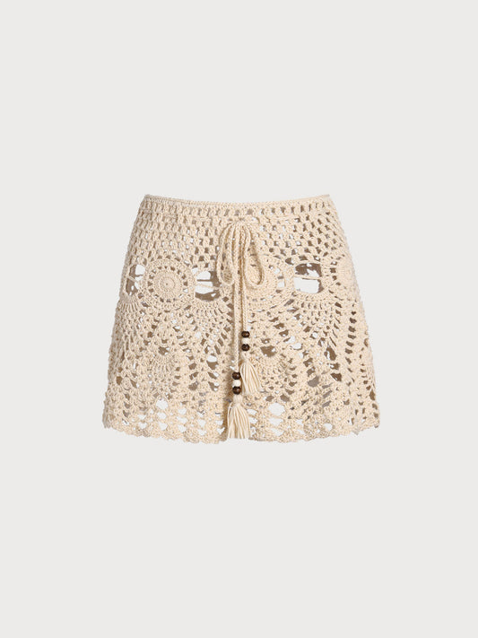 Beige Acrylic Knit Crochet Cover-Up Skirt
