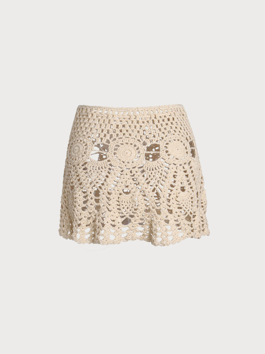 Beige Acrylic Knit Crochet Cover-Up Skirt