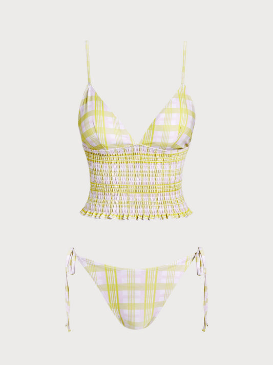 Light Yellow Floral Plaid Ruched Tankini Set