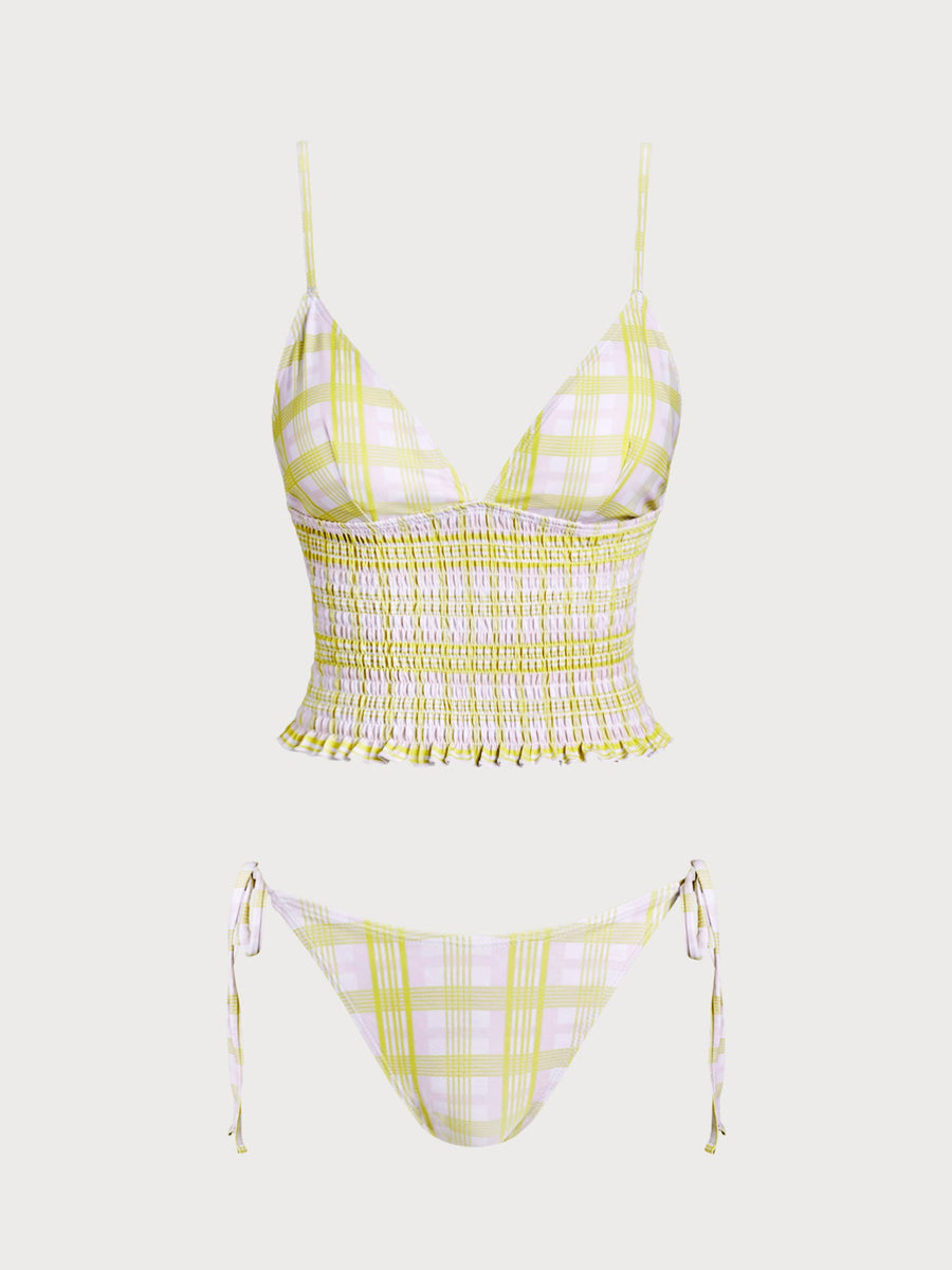 Light Yellow Floral Plaid Ruched Tankini Set