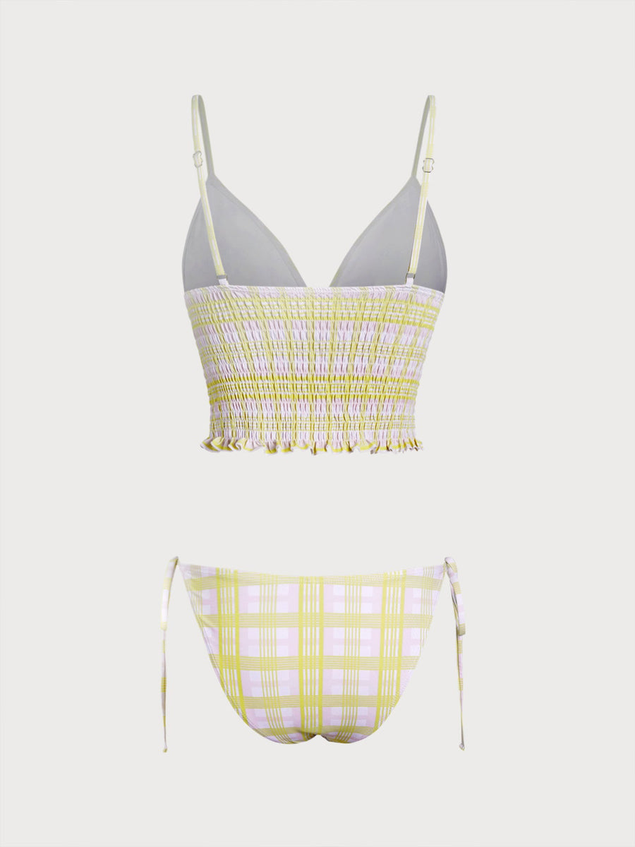 Light Yellow Floral Plaid Ruched Tankini Set