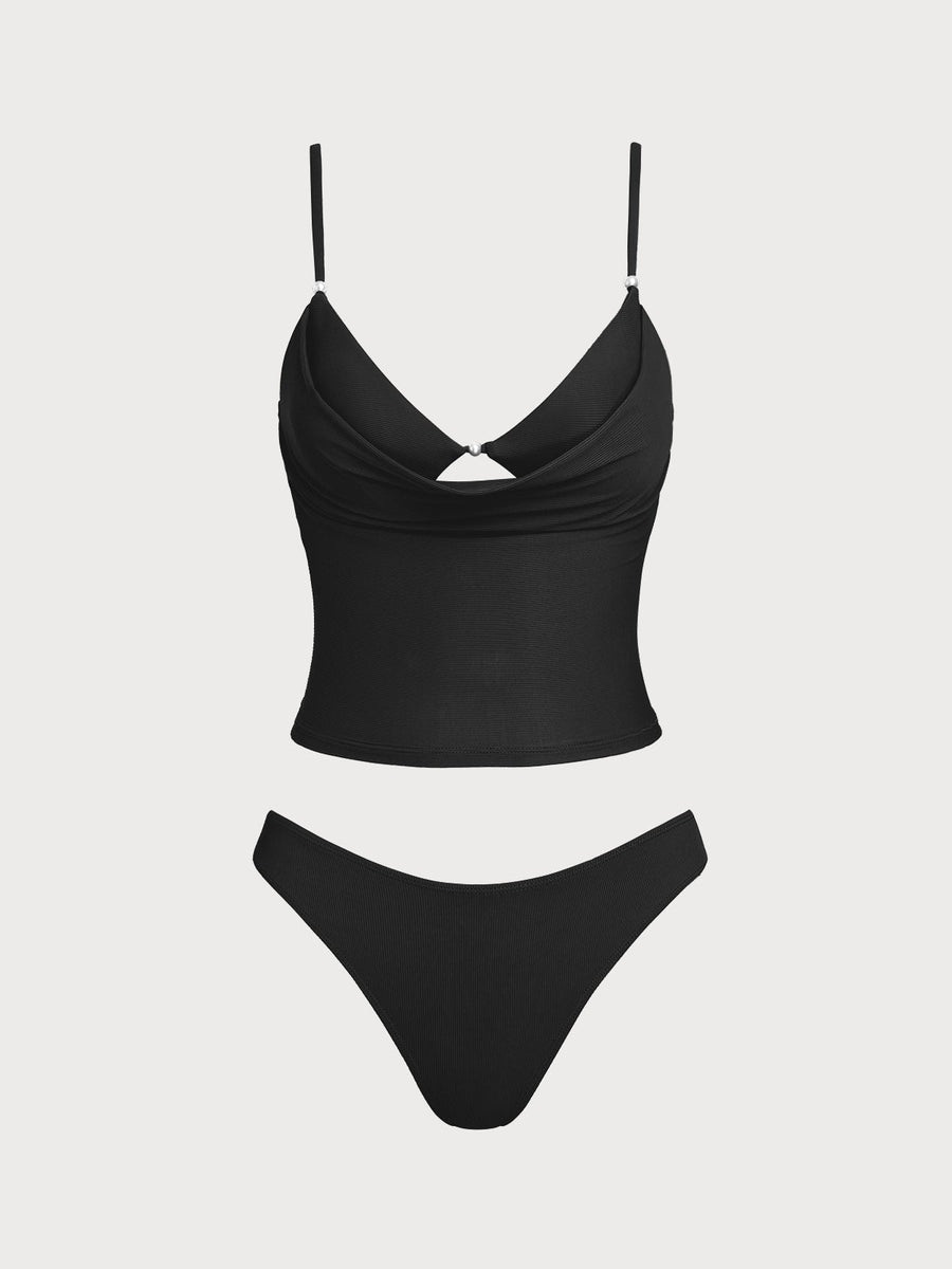Black Ribbed Fake Two-Piece Tankini Set