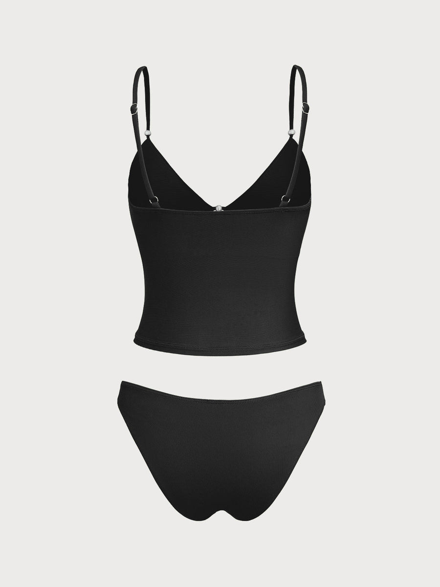 Black Ribbed Fake Two-Piece Tankini Set