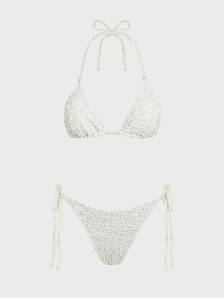 Off White Decorated Beaded Flower Bikini Set