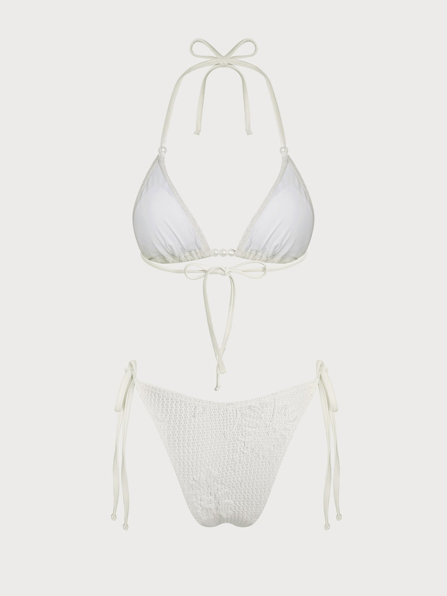 Off White Decorated Beaded Flower Bikini Set