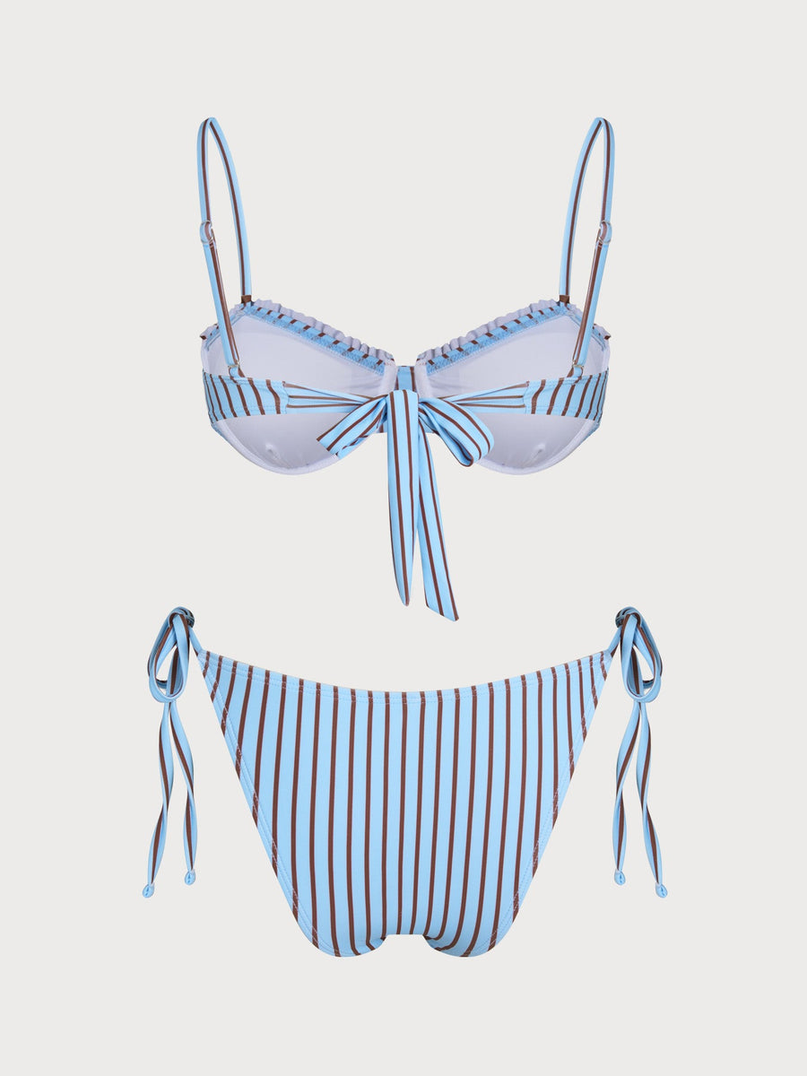 Blue Floral Contrast Striped Bikini Set
