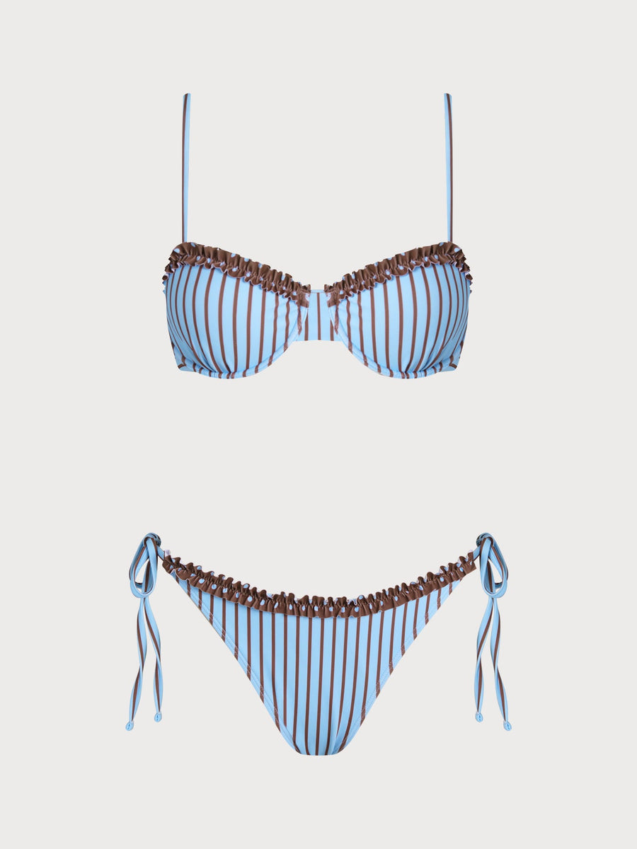 Blue Floral Contrast Striped Bikini Set