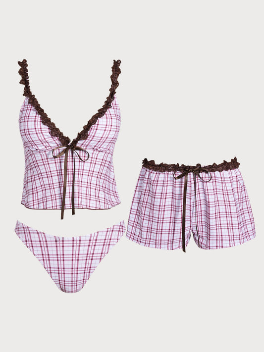 Dark Red Contrast Lace Plaid Tankini Three-Piece Set