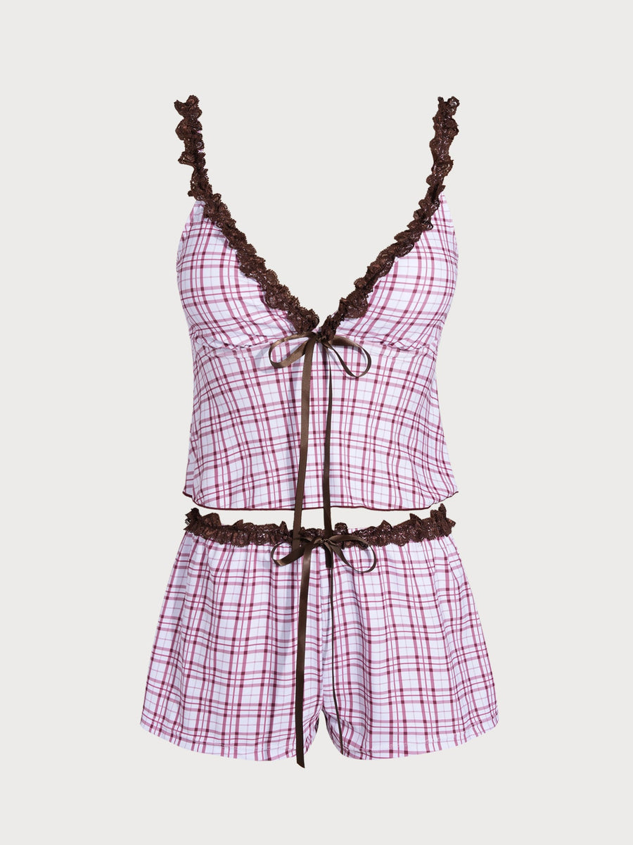 Dark Red Contrast Lace Plaid Tankini Three-Piece Set