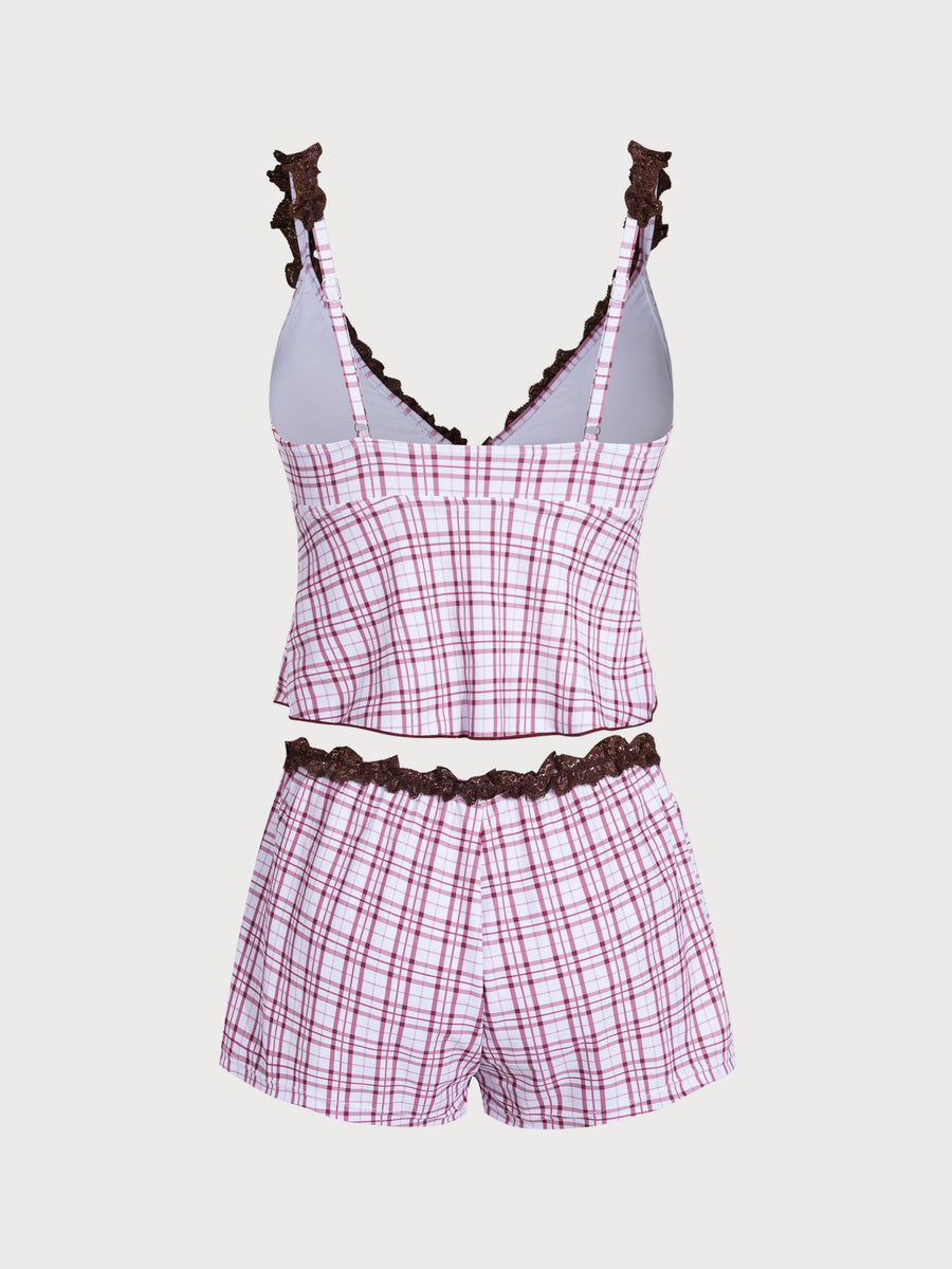 Dark Red Contrast Lace Plaid Tankini Three-Piece Set