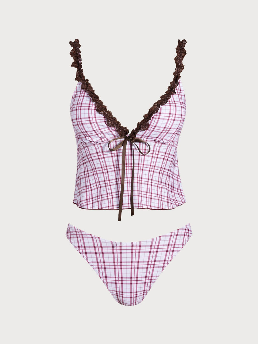 Dark Red Contrast Lace Plaid Tankini Three-Piece Set