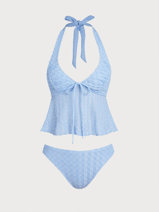 Blue Ruched V-Neck Tankini Set