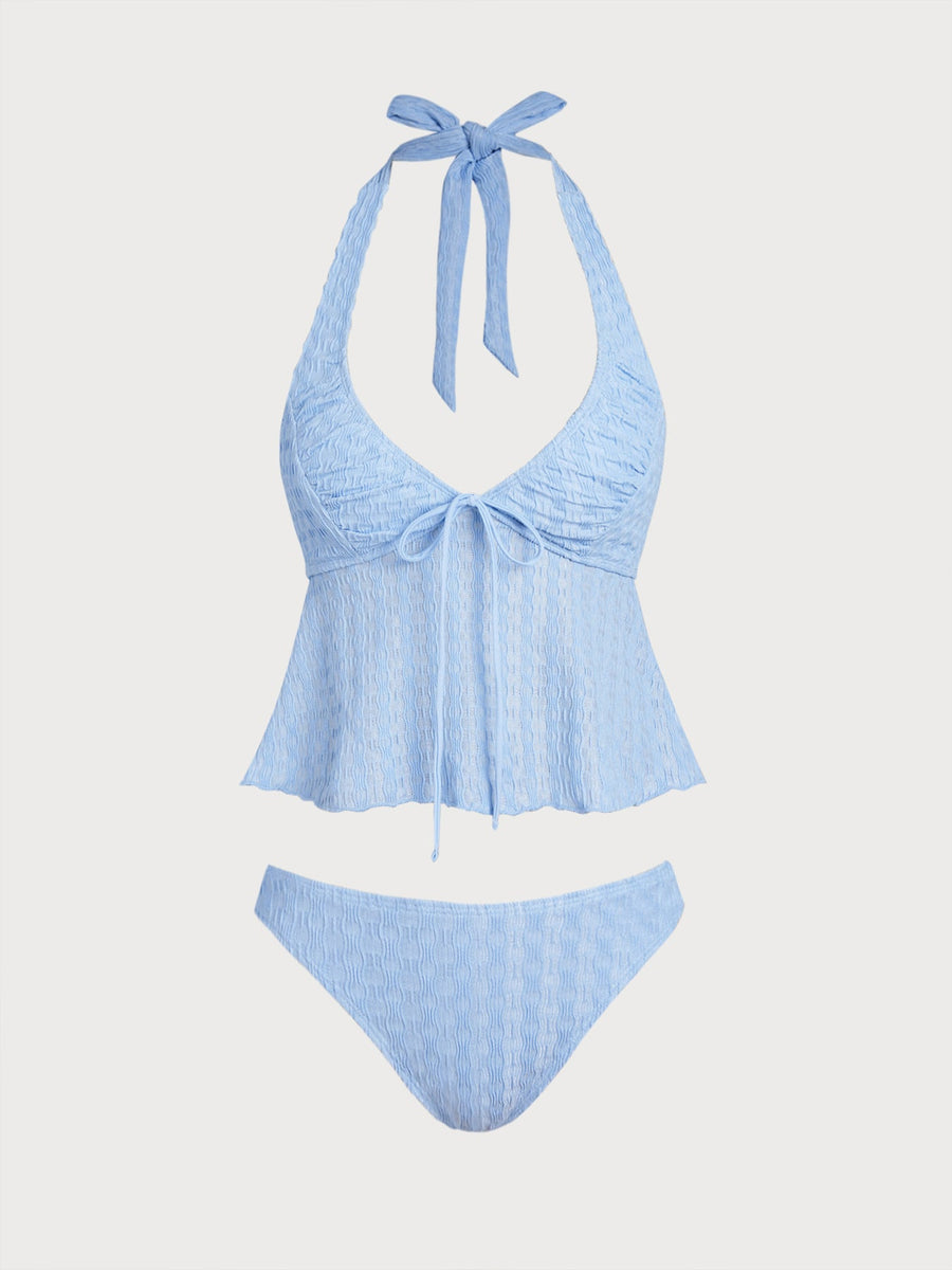 Blue Ruched V-Neck Tankini Set