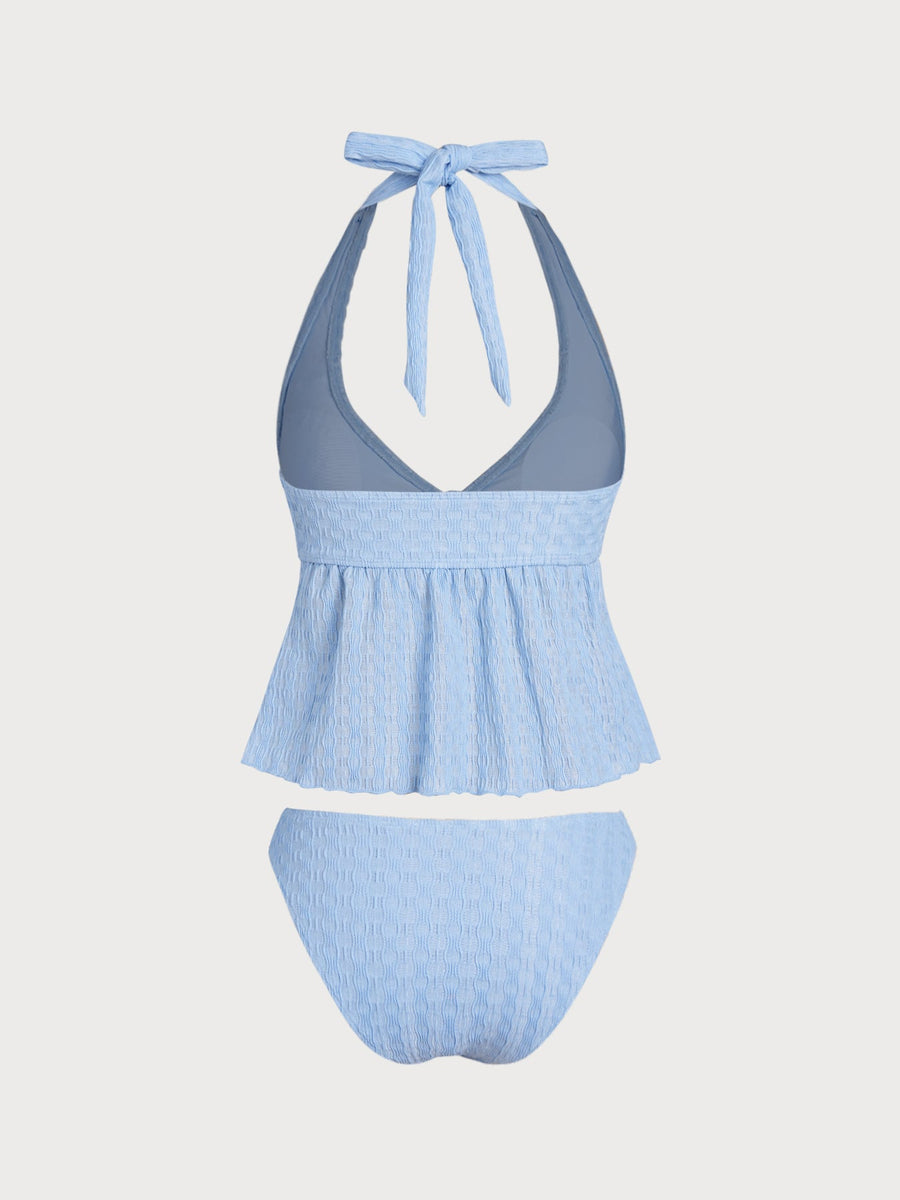 Blue Ruched V-Neck Tankini Set