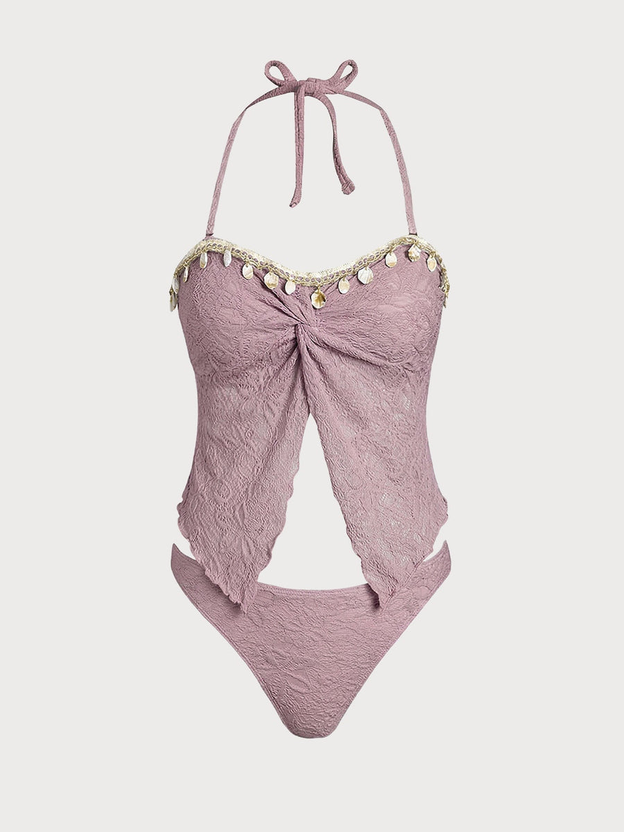 Purple Twisted Shell Trim Tankini Set