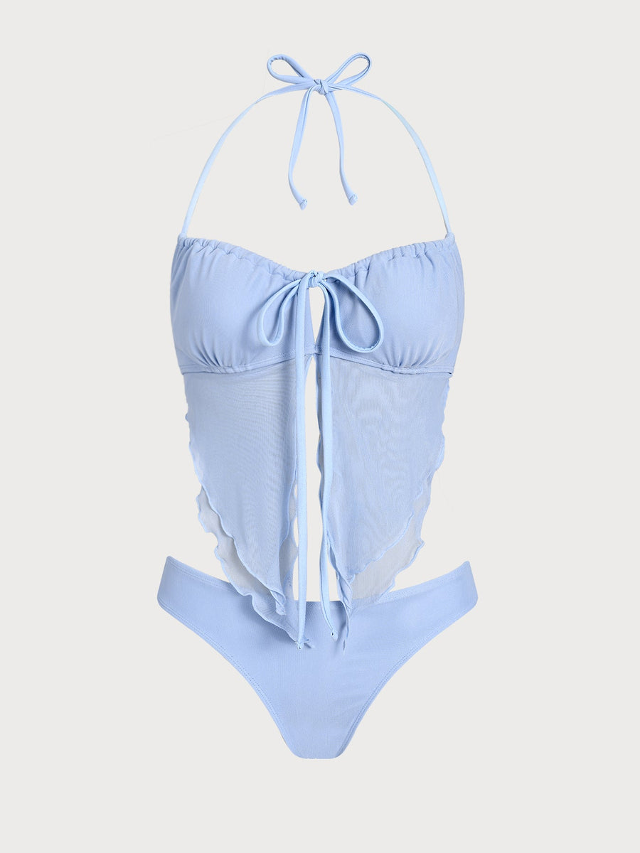 Blue Mesh Ruched Tankini Set