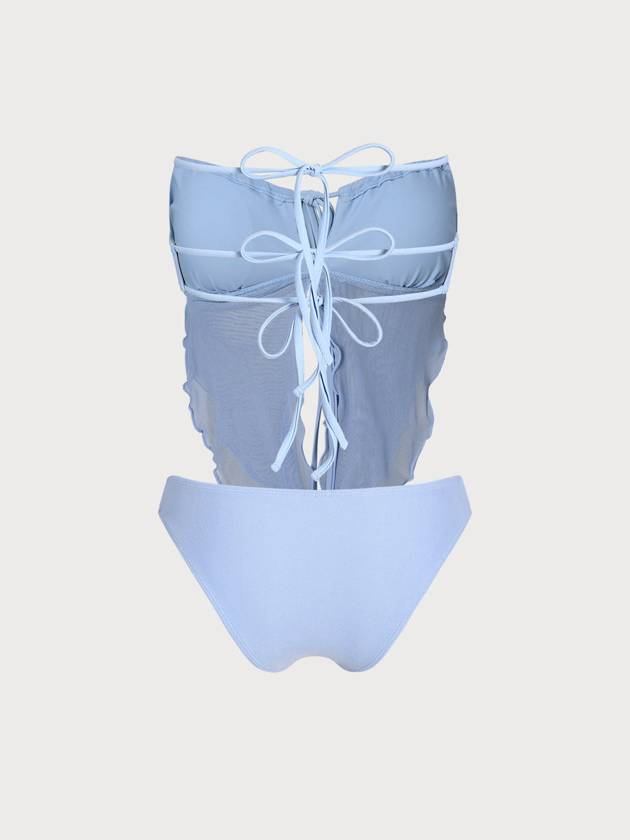 Blue Mesh Ruched Tankini Set