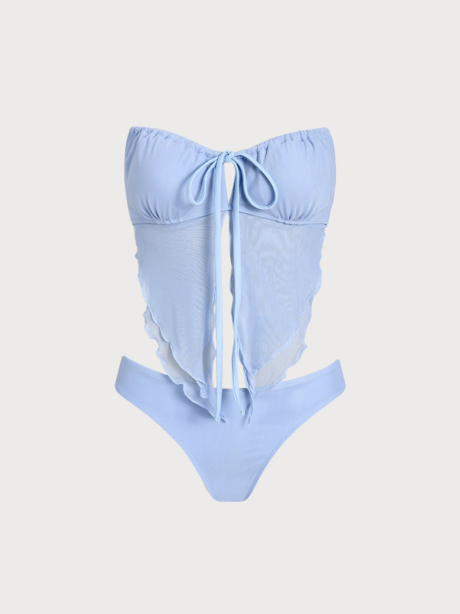 Blue Mesh Ruched Tankini Set