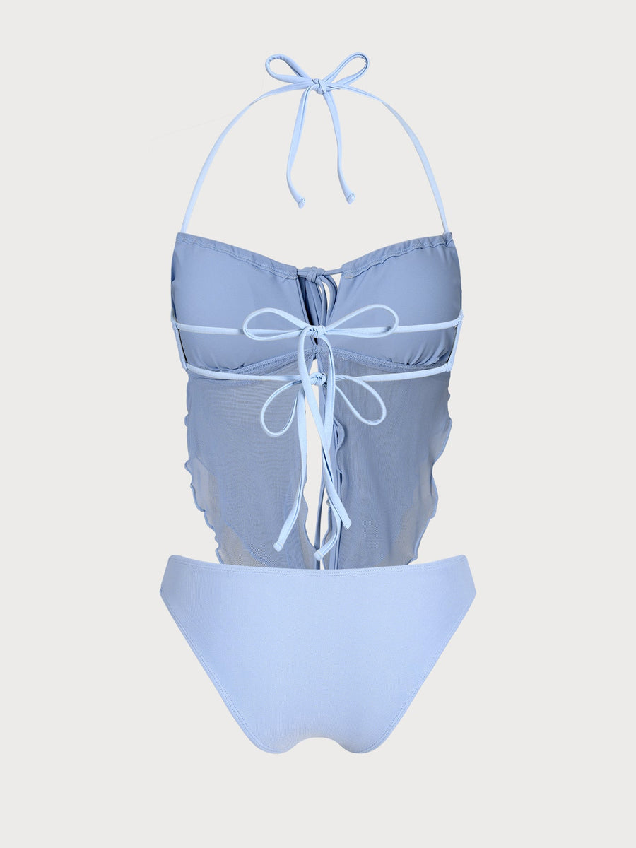 Blue Mesh Ruched Tankini Set