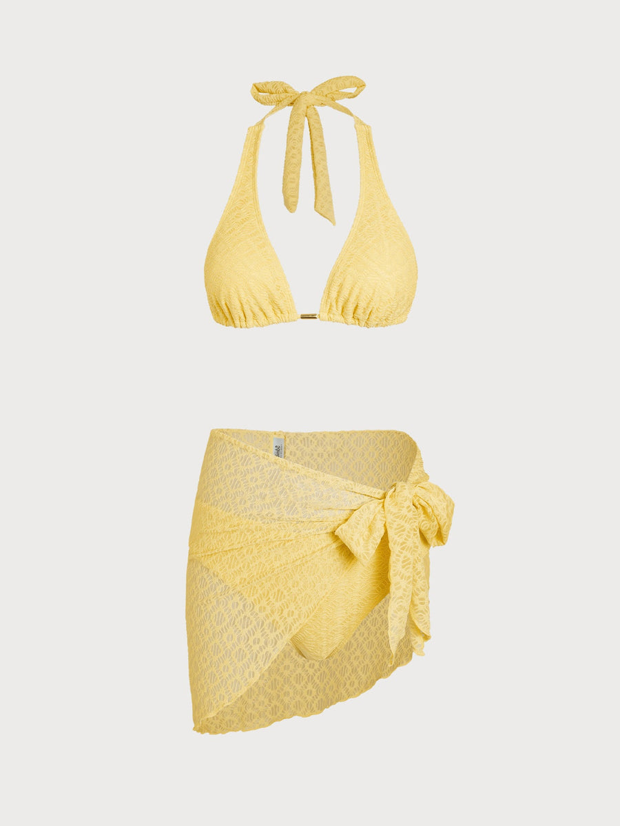 Yellow Metallic Bikini Three-Piece Set