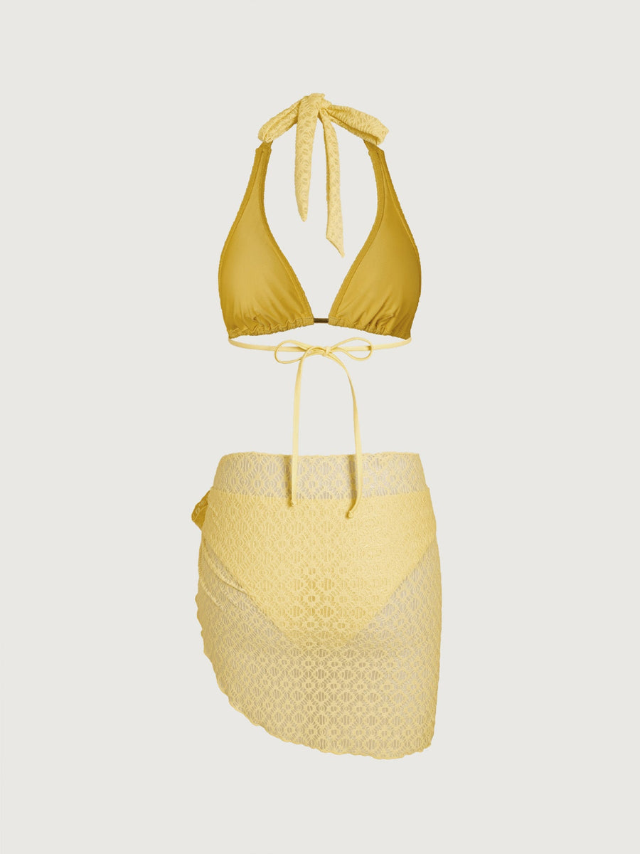 Yellow Metallic Bikini Three-Piece Set