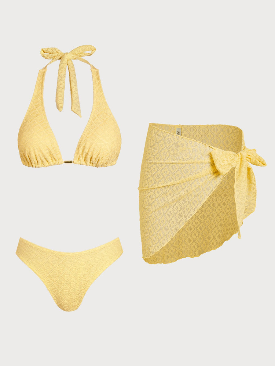 Yellow Metallic Bikini Three-Piece Set