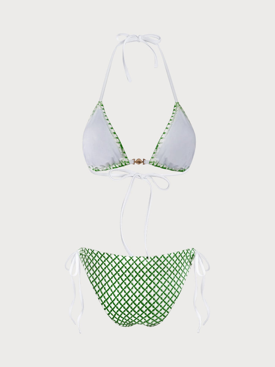 Green Contrast Plaid Shell Trim Bikini Set