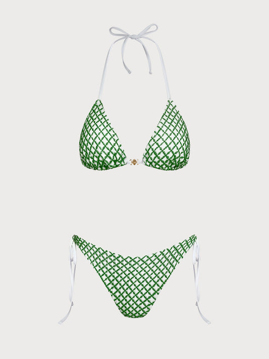 Green Contrast Plaid Shell Trim Bikini Set