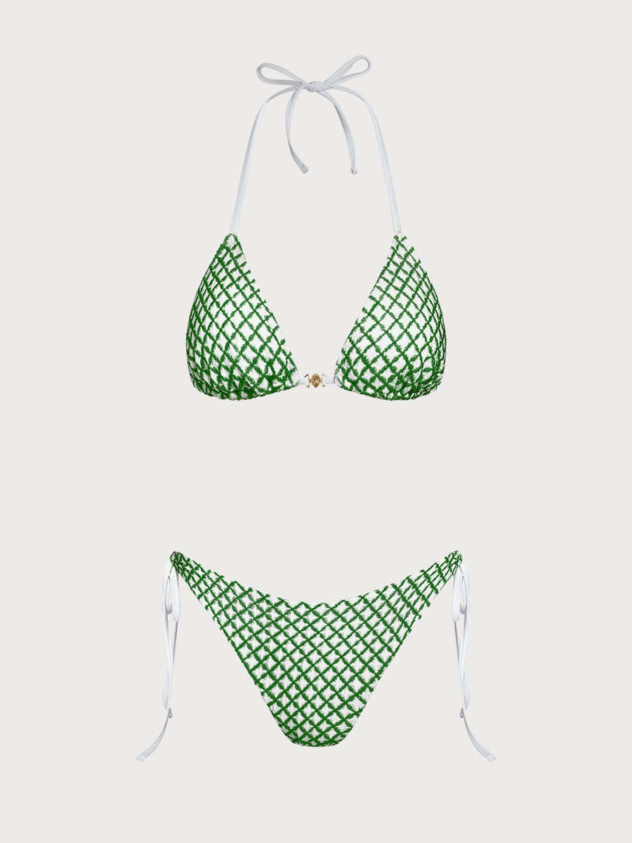Green Contrast Plaid Shell Trim Bikini Set