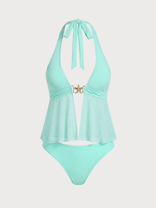 Green Mesh Starfish Decorated Tankini Set