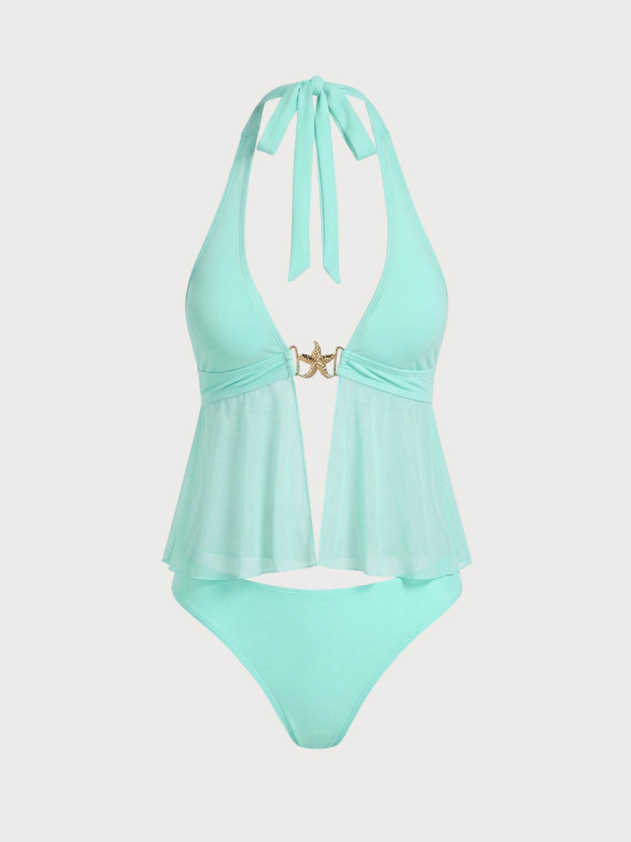 Green Mesh Starfish Decorated Tankini Set