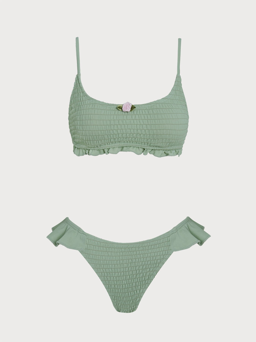 Green Shirred Ruffle Flower Bikini Set
