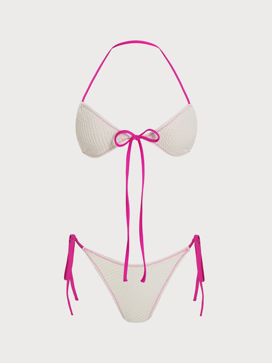 White Contrast Ruched Bikini Set
