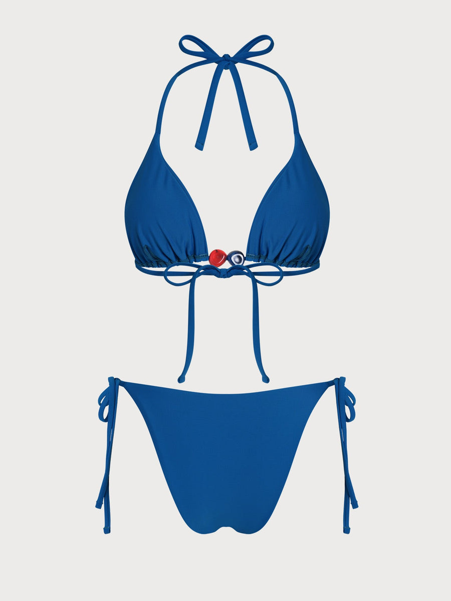 Blue Ruched Beaded Halter Bikini Set