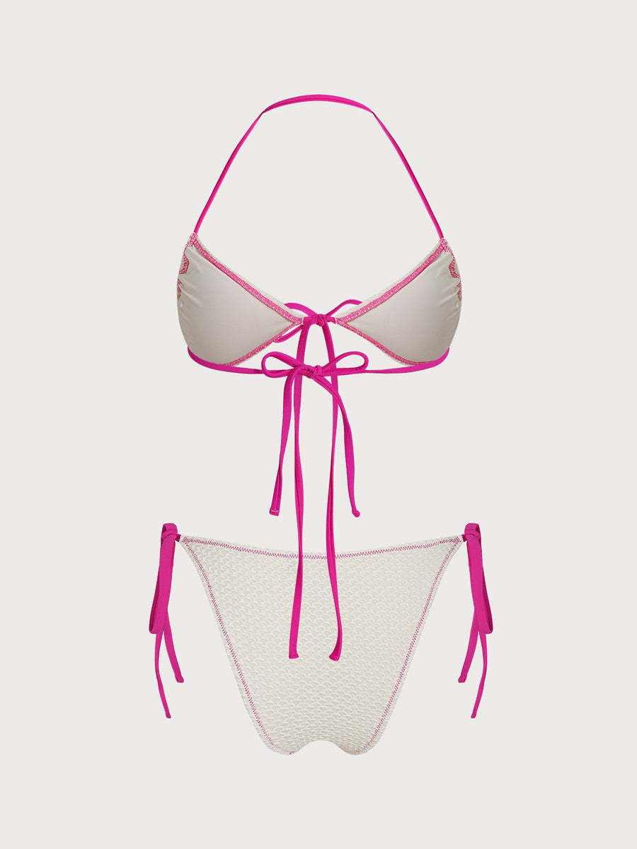White Contrast Ruched Bikini Set