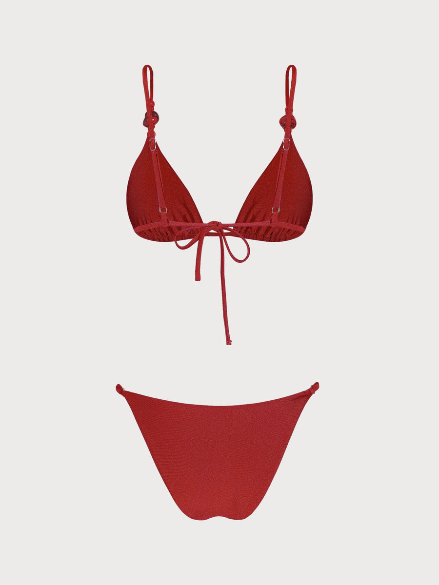 Red Ruched Rhinestones Bikini Set