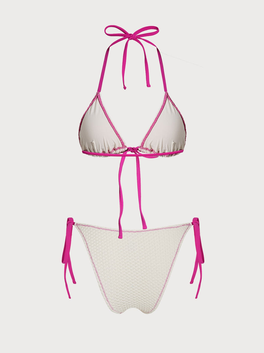 White Contrast Ruched Bikini Set