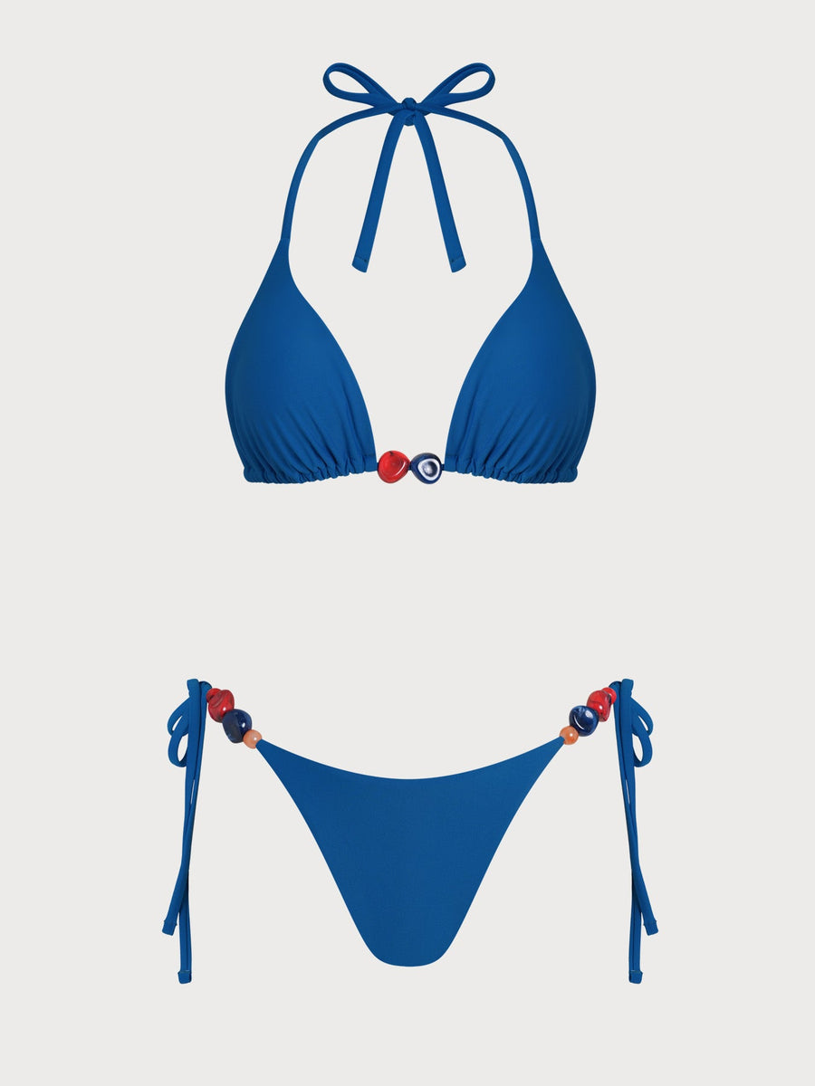 Blue Ruched Beaded Halter Bikini Set