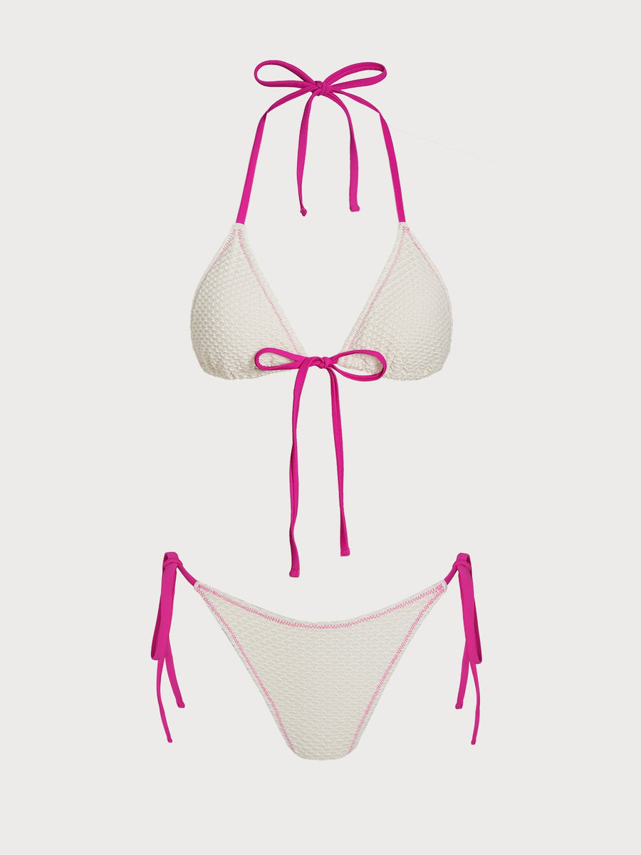 White Contrast Ruched Bikini Set