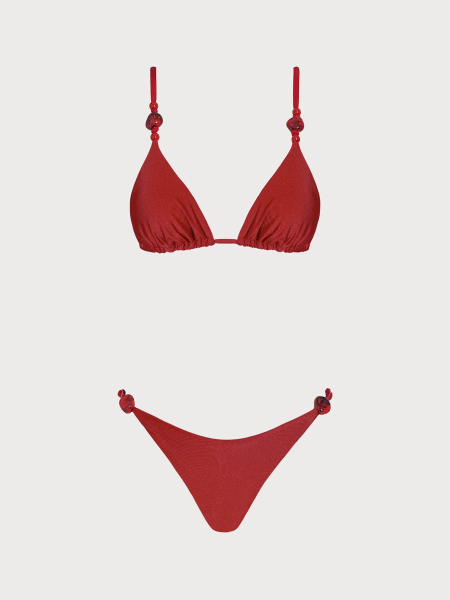 Red Ruched Rhinestones Bikini Set