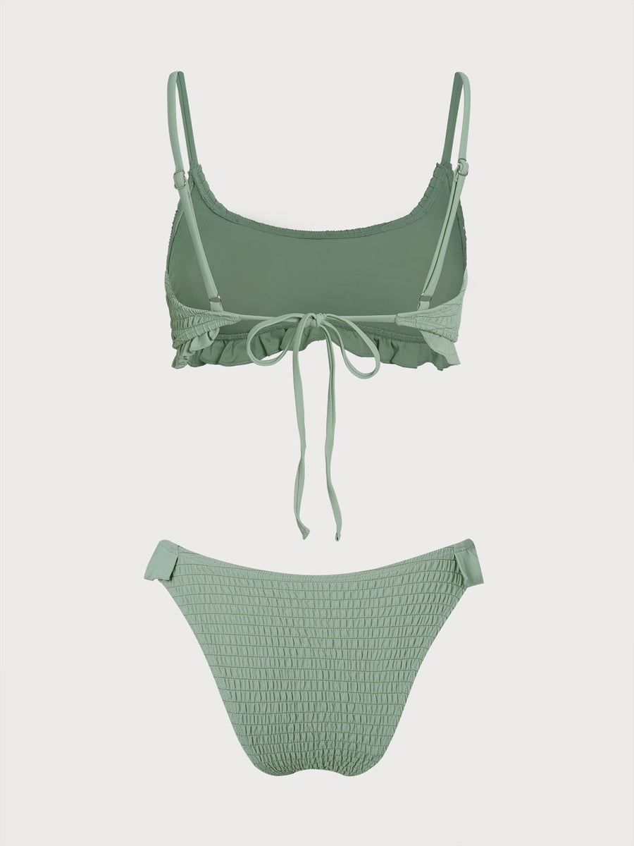 Green Shirred Ruffle Flower Bikini Set